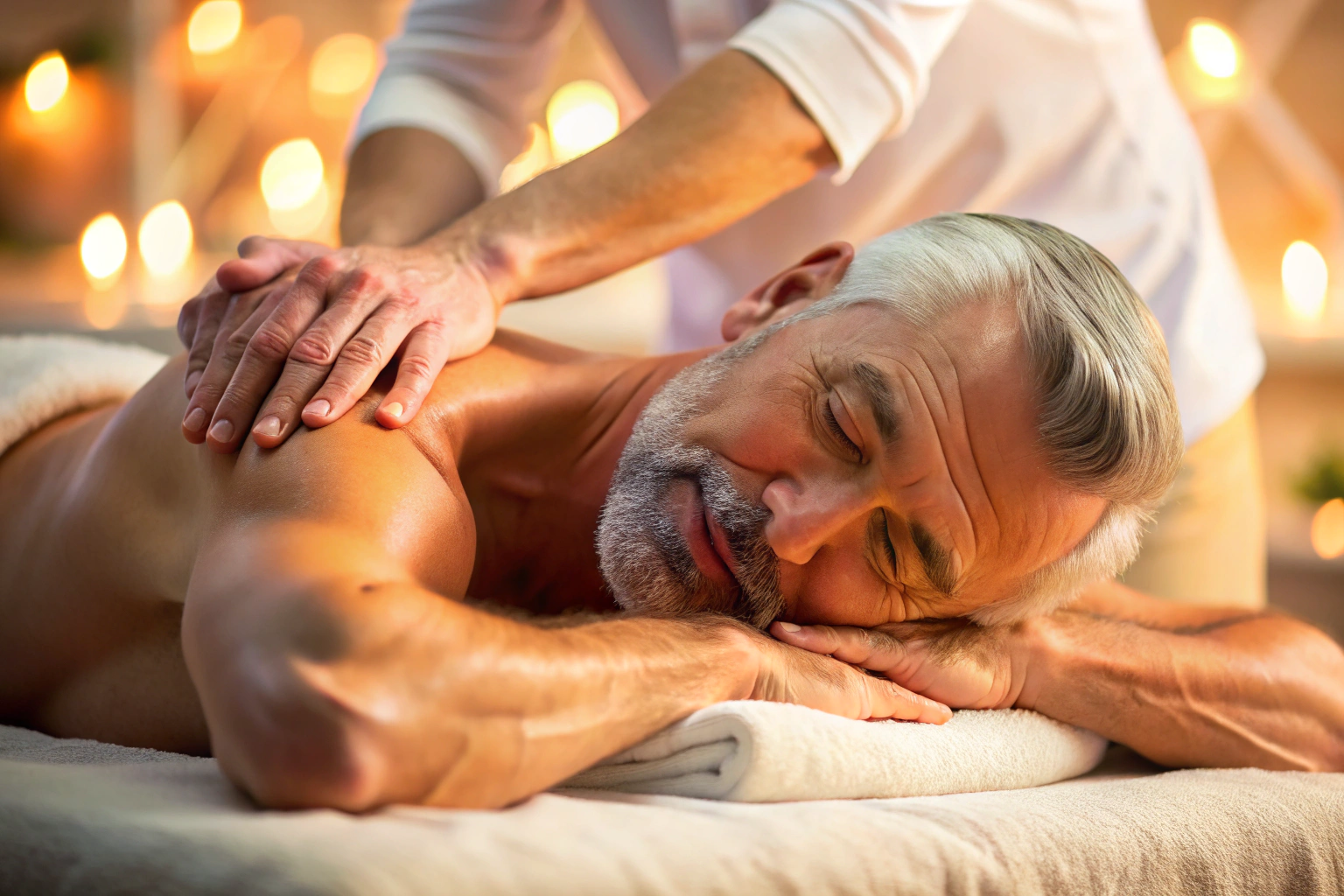 Close-up of hands performing a therapeutic massage on a person s back, showing gentle pressure and relaxed muscles, in a peaceful setting with soft lighting